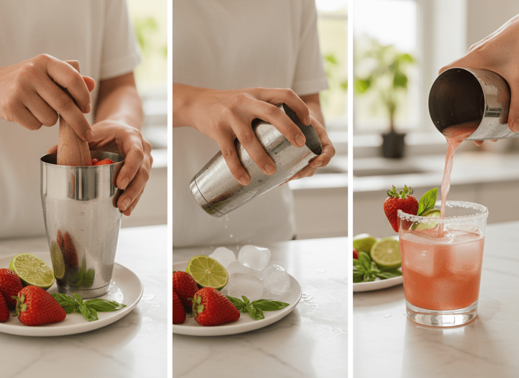 Three visual steps for making a strawberry basil margarita: muddling strawberries and basil, shaking with ice, and straining into the prepared glass.