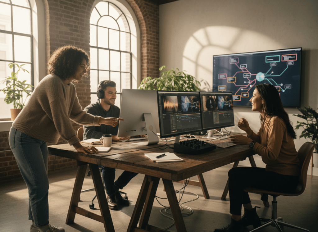 Small creative team collaborating with AI-assisted tools for video, music, design, and marketing content.