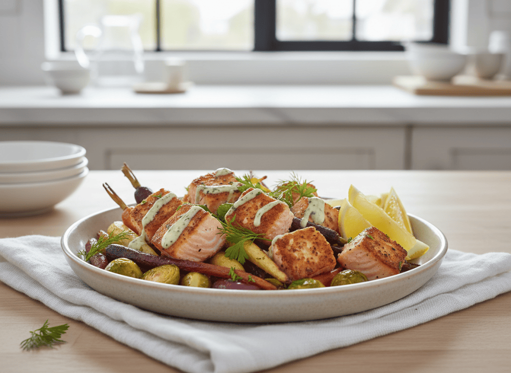 Crispy air fryer salmon bites served with vegetables and lemon.