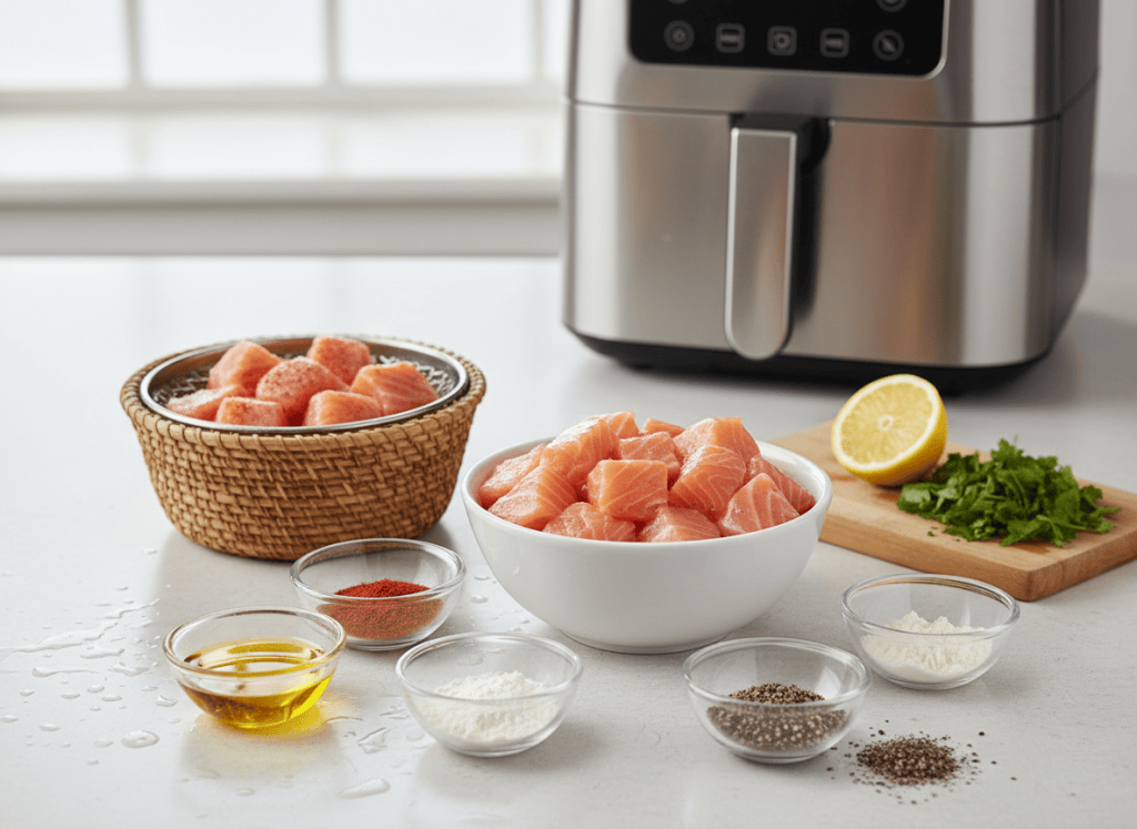 Cubed salmon and seasonings arranged beside an air fryer basket.