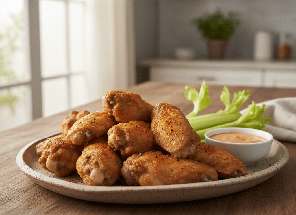 Crispy oven-baked chicken wings with celery and dipping sauce.