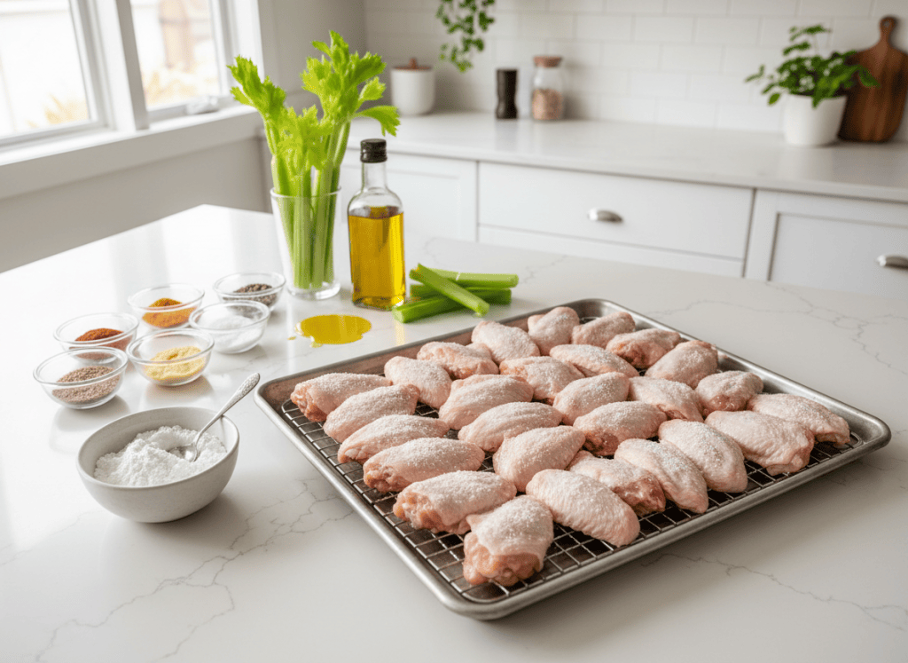 Chicken wings, baking powder, spices, oil, celery, and a sheet pan with rack ready for baking.