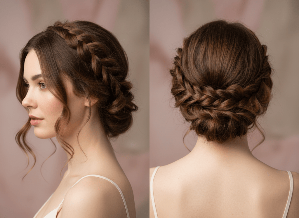 Adult woman with chestnut brown wavy hair styled in an elegant crown braid updo.
