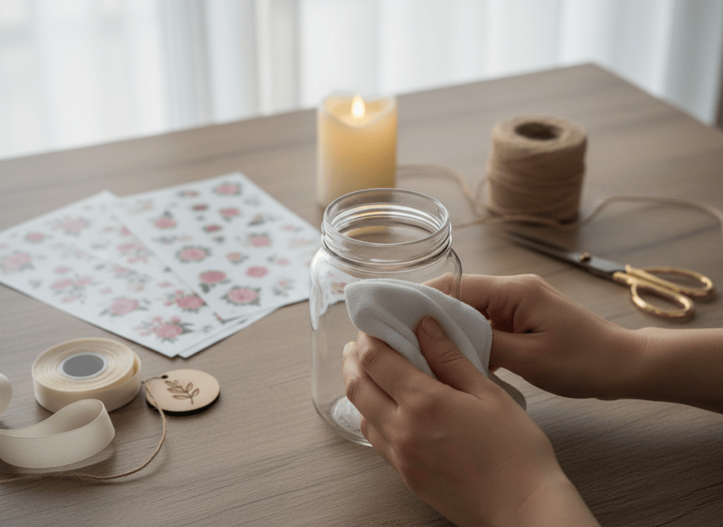 Hands cleaning a clear glass jar beside a flameless candle and decorative craft supplies.