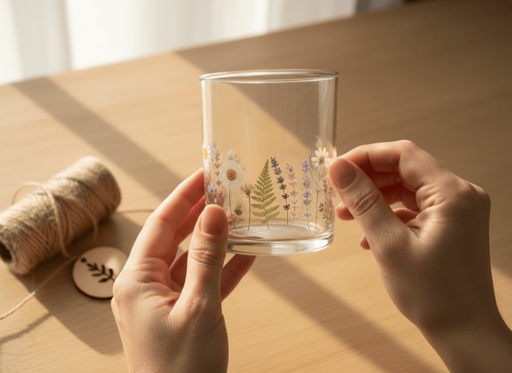 Hands applying floral decorative accents to the lower exterior of a clear glass jar.