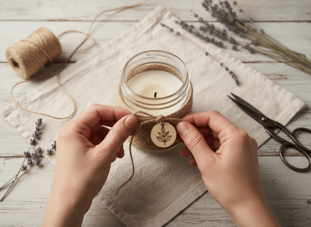 Hands tying jute twine and a small wooden charm around a decorated glass jar.
