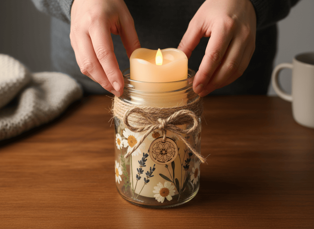 Hands placing a flameless LED candle inside a decorated glass jar for safe display.