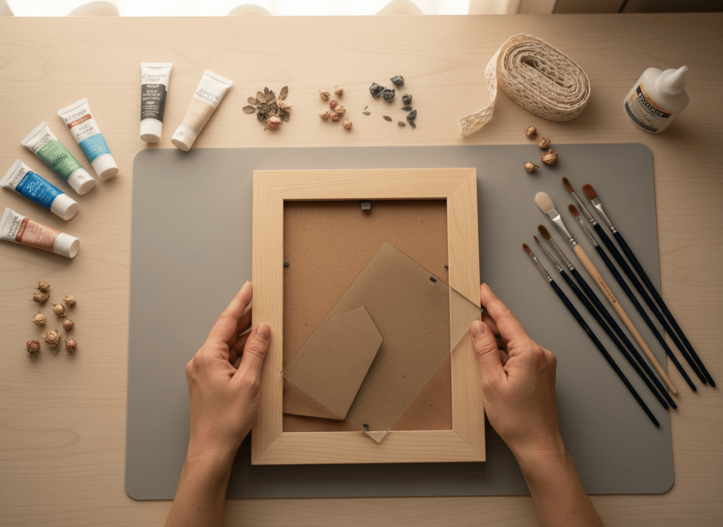 Hands removing the backing and glass from a plain unfinished wood picture frame beside craft supplies.