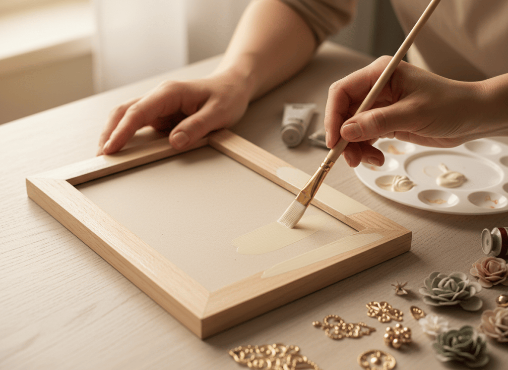 Hands painting a plain wood picture frame with a soft cream acrylic base coat.