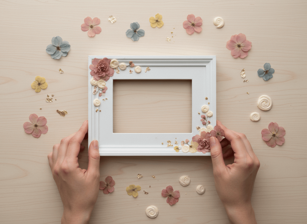Hands arranging floral and gold embellishments around a painted picture frame before gluing.