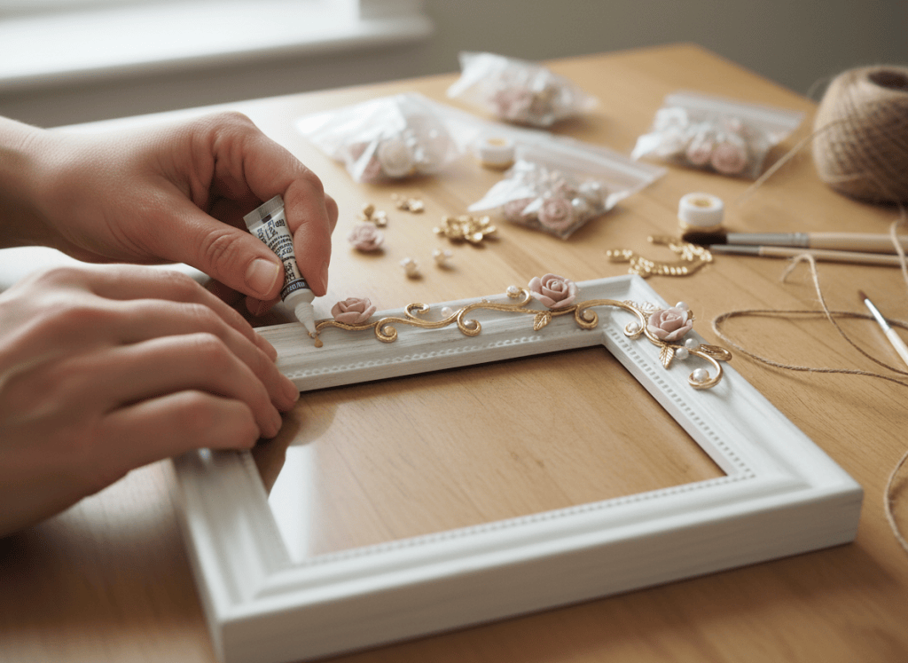 Hands gluing floral and gold embellishments onto a painted picture frame.