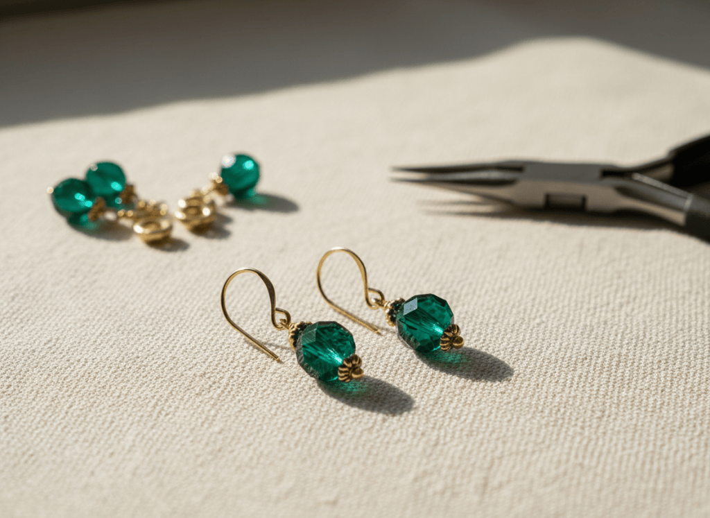 Finished emerald and gold-tone beaded drop earrings beside jewelry pliers and loose beads on ivory linen.