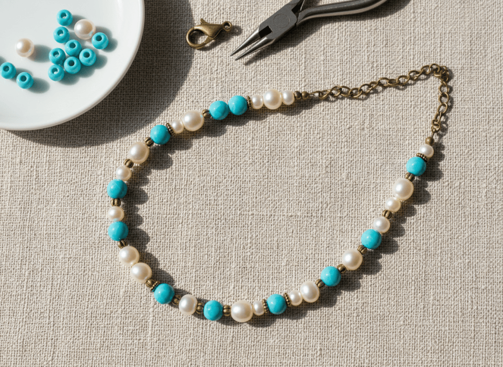 Handmade turquoise and faux pearl beaded necklace with bead tray and jewelry tools on natural linen.
