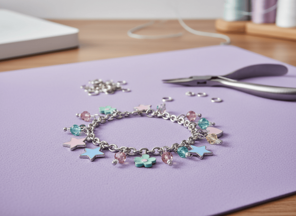 Silver-tone charm bracelet with pastel heart, star, flower, and bead charms on a lavender craft mat.