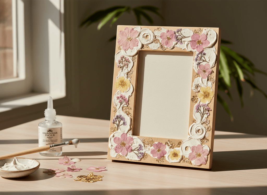 Hand-decorated picture frame with floral and gold accents beside simple craft supplies on a light wood desk.