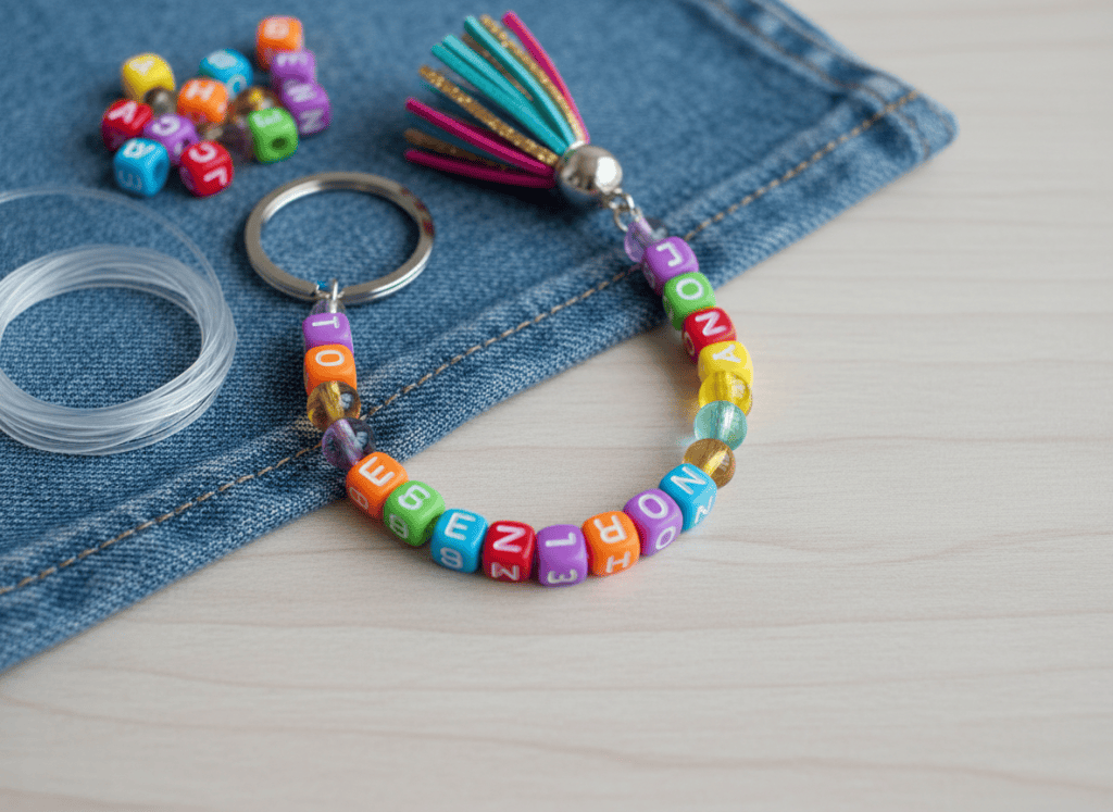 Colorful handmade beaded keychain with cube beads, translucent beads, tassel, and metal key ring on denim.