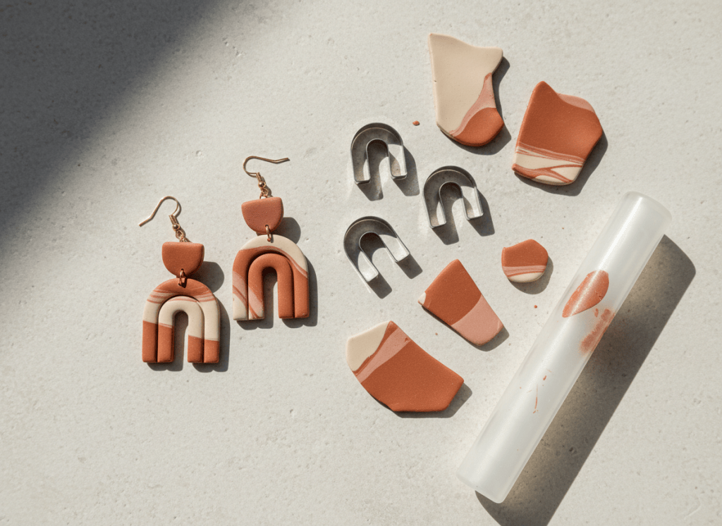 Terracotta, cream, and rose polymer clay earrings beside clay cutters and craft tools.
