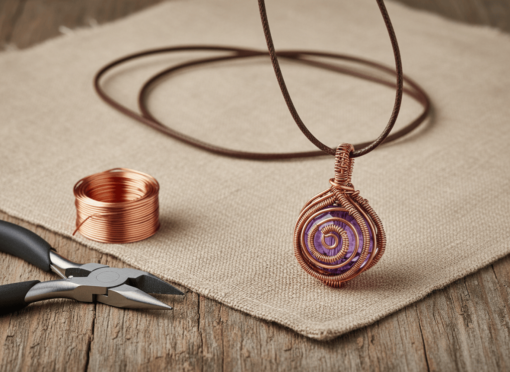 Copper-tone wire-wrapped purple pendant necklace with craft wire and jewelry tools on a rustic workspace.