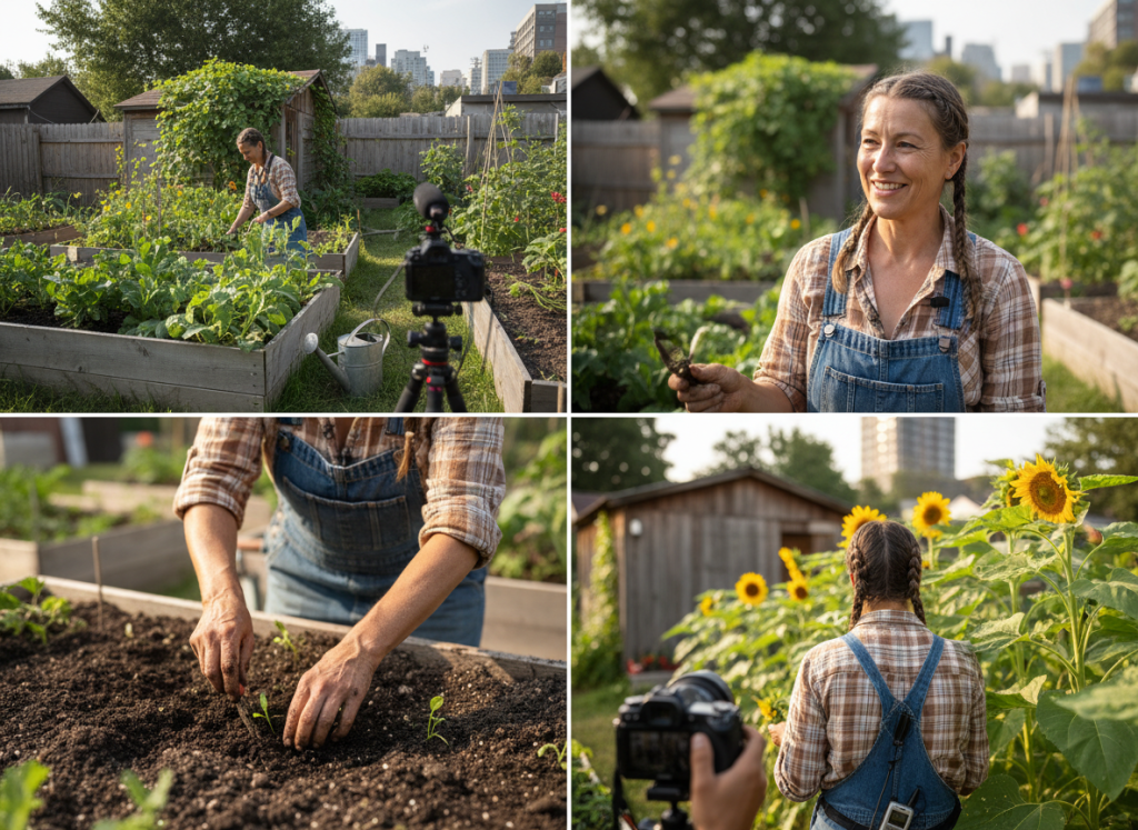 Documentary coverage study showing the same subject, clothing, tools and environment across establishing, interview and B-roll camera angles.