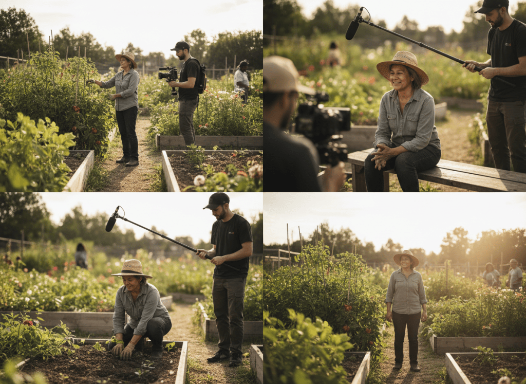Four connected documentary moments showing an establishing scene, interview, observational B-roll and reflective ending with the same subject and crew.