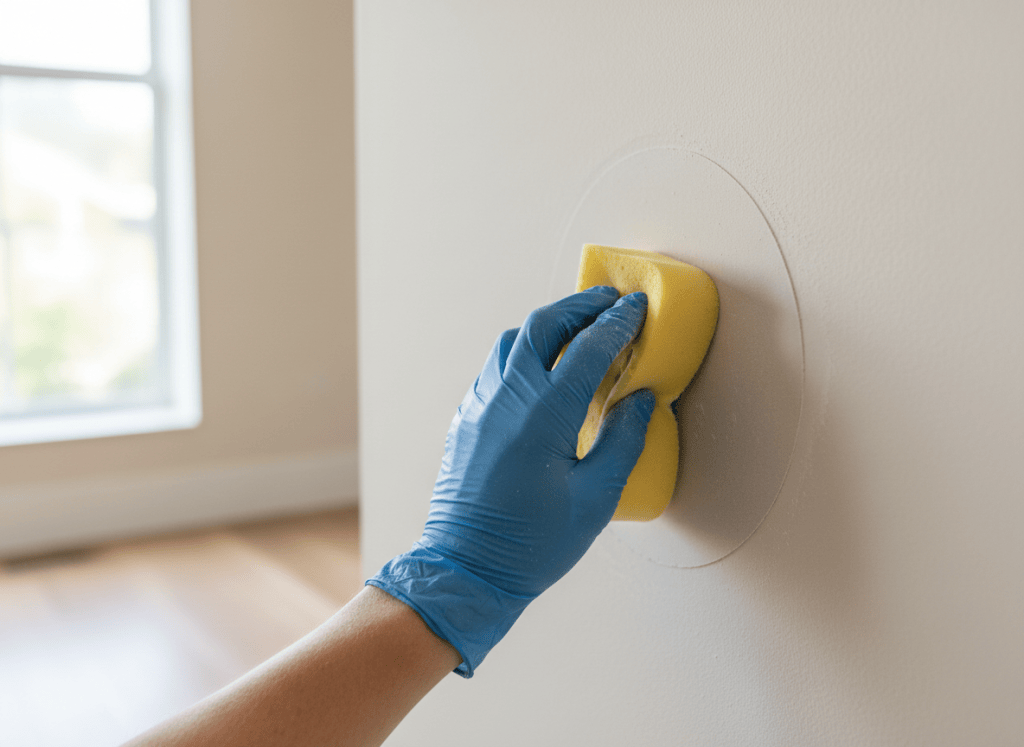 Homeowner sanding a smooth drywall patch before painting.