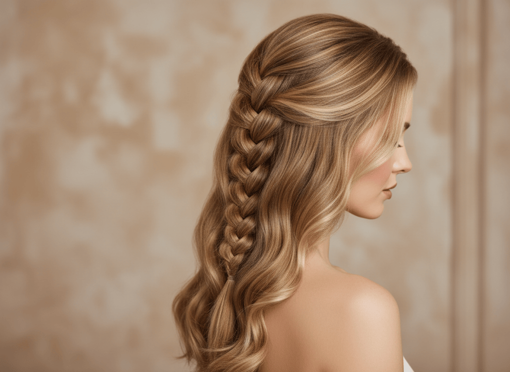 Adult woman with honey blonde wavy hair styled in a raised Dutch braid.