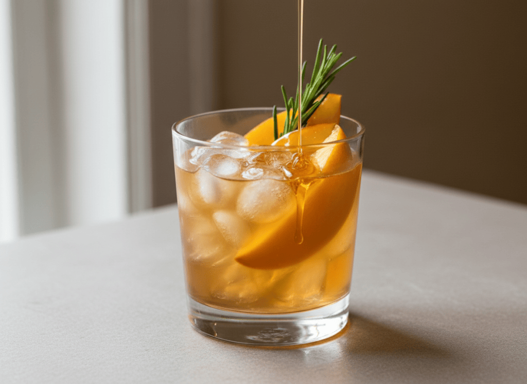 Editorial food photography for an adult cocktail recipe blog: honey peach bourbon smash in a low rocks glass filled with crushed ice, ripe peach slices, a small rosemary sprig and subtle honey drizzle styling, warm amber drink, elegant neutral tabletop, natural window light, premium cookbook photography, realistic, no people, no brand labels, no text, landscape composition.