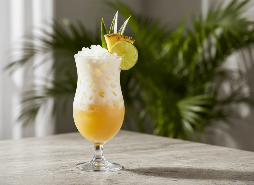 Editorial food photography for an adult cocktail recipe blog: pineapple coconut rum punch in a tall hurricane glass with golden pineapple juice, creamy coconut tones, crushed ice, pineapple wedge and lime wheel, tropical but refined styling, light stone tabletop, natural window light, premium cookbook photography, realistic, no people, no brand labels, no text, landscape composition.