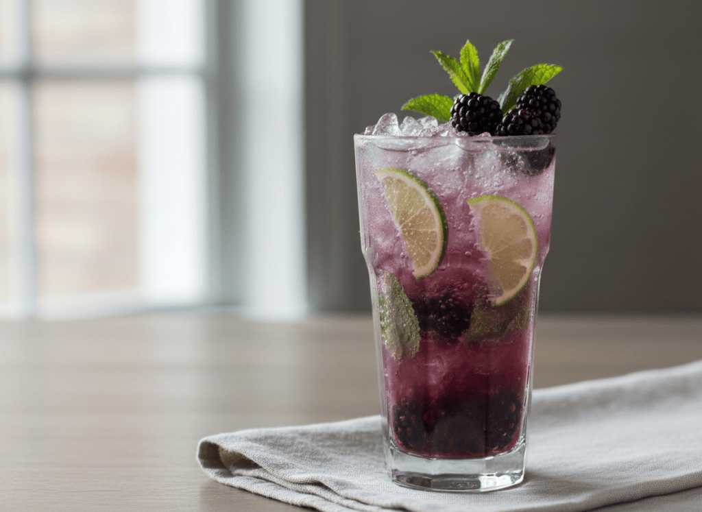 Editorial food photography for an adult cocktail recipe blog: blackberry lime mojito in a tall clear highball glass with crushed ice, muddled blackberries, fresh mint leaves and lime wedges, deep berry-purple drink with sparkling bubbles, elegant neutral tabletop, natural window light, premium cookbook styling, realistic, no people, no brand labels, no text, landscape composition.