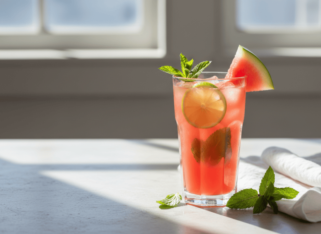 Editorial food photography for an adult cocktail recipe blog: watermelon mint tequila cooler in a tall clear glass with fresh watermelon juice, ice cubes, mint sprigs, watermelon wedge and lime wheel, refreshing coral-pink drink, bright natural window light, premium cookbook styling, realistic, no people, no brand labels, no text, landscape composition.