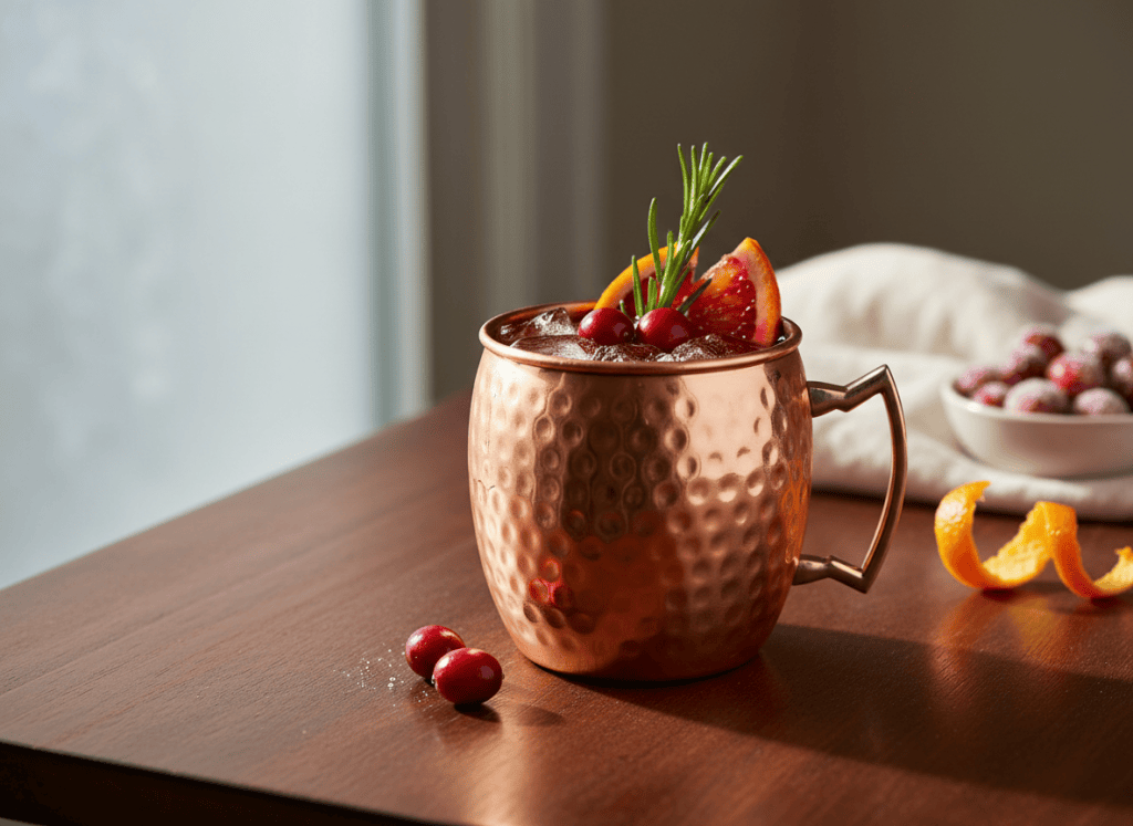 Editorial food photography for an adult cocktail recipe blog: cranberry orange mule in a copper mug with cranberry-red drink, ice, fresh cranberries, orange slice and rosemary sprig, subtle ginger beer fizz, cozy elegant tabletop, natural window light, premium cookbook styling, realistic, no people, no brand labels, no text, landscape composition.