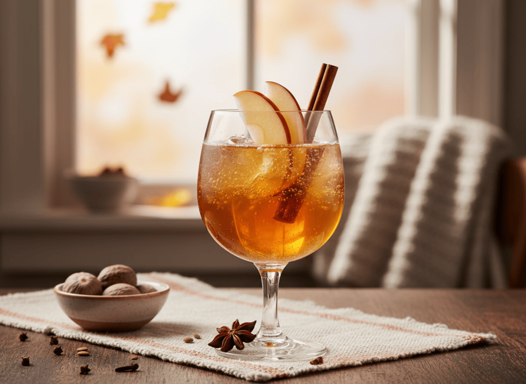 Editorial food photography for an adult cocktail recipe blog: apple cider bourbon sparkler in a stemmed glass with amber apple cider, bourbon tones, sparkling bubbles, thin apple slices, cinnamon stick and star anise, cozy fall tabletop, natural window light, premium cookbook styling, realistic, no people, no brand labels, no text, landscape composition.