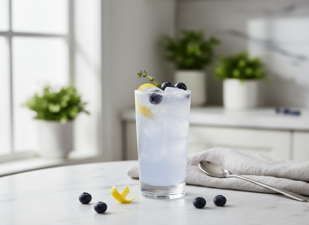Editorial food photography for an adult cocktail recipe blog: blueberry lemon gin fizz in a tall Collins glass with pale lavender-blue drink, ice, sparkling fizz, blueberries, lemon peel and a small thyme sprig, bright elegant tabletop, natural window light, premium cookbook styling, realistic, no people, no brand labels, no text, landscape composition.