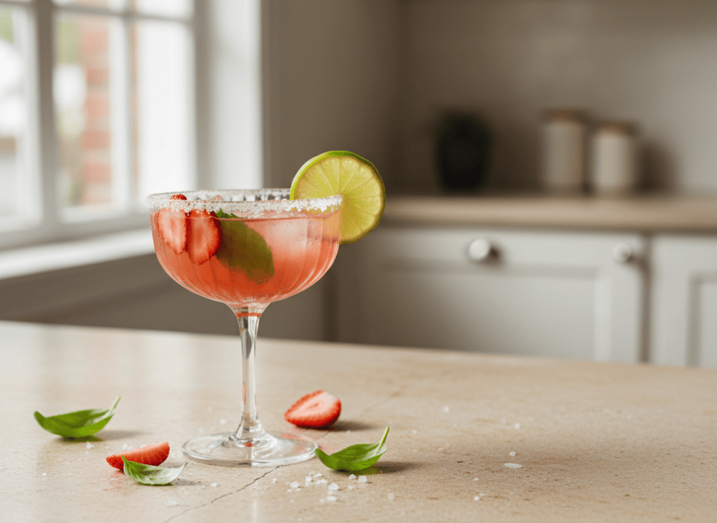 Editorial food photography for an adult cocktail recipe blog: a strawberry basil margarita in a clear coupe glass with fresh strawberry slices, basil leaves, lime wedge and a lightly salted rim, on a warm cream stone surface, natural window light, premium cookbook styling, realistic beverage photography, no people, no brand labels, no text, landscape composition with room for blog cropping.