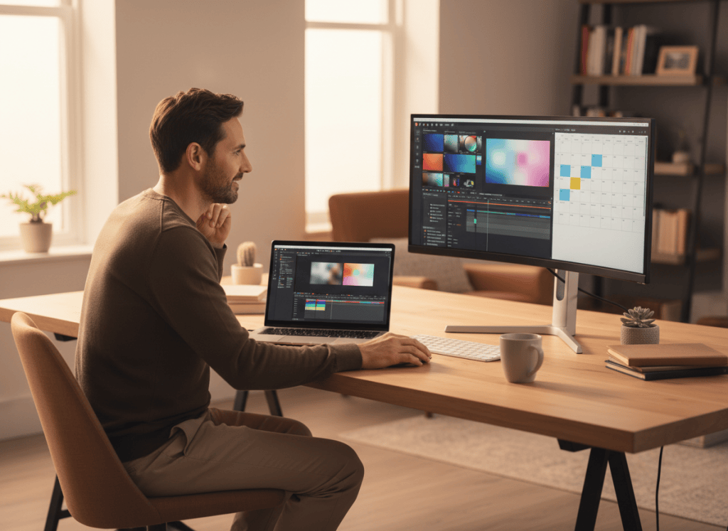 Everyday creator using AI-assisted tools for video, image, and content creation in a modern workspace.