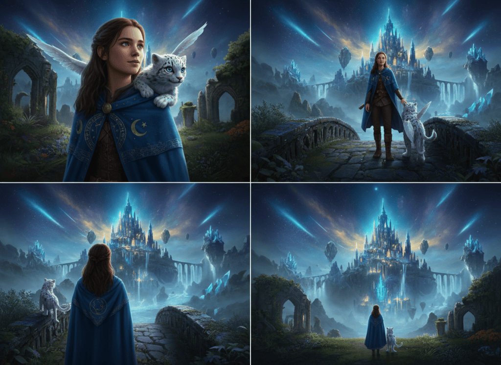 Fantasy continuity study showing Lyra, her blue cloak, animal companion and celestial motif across several camera angles and locations.