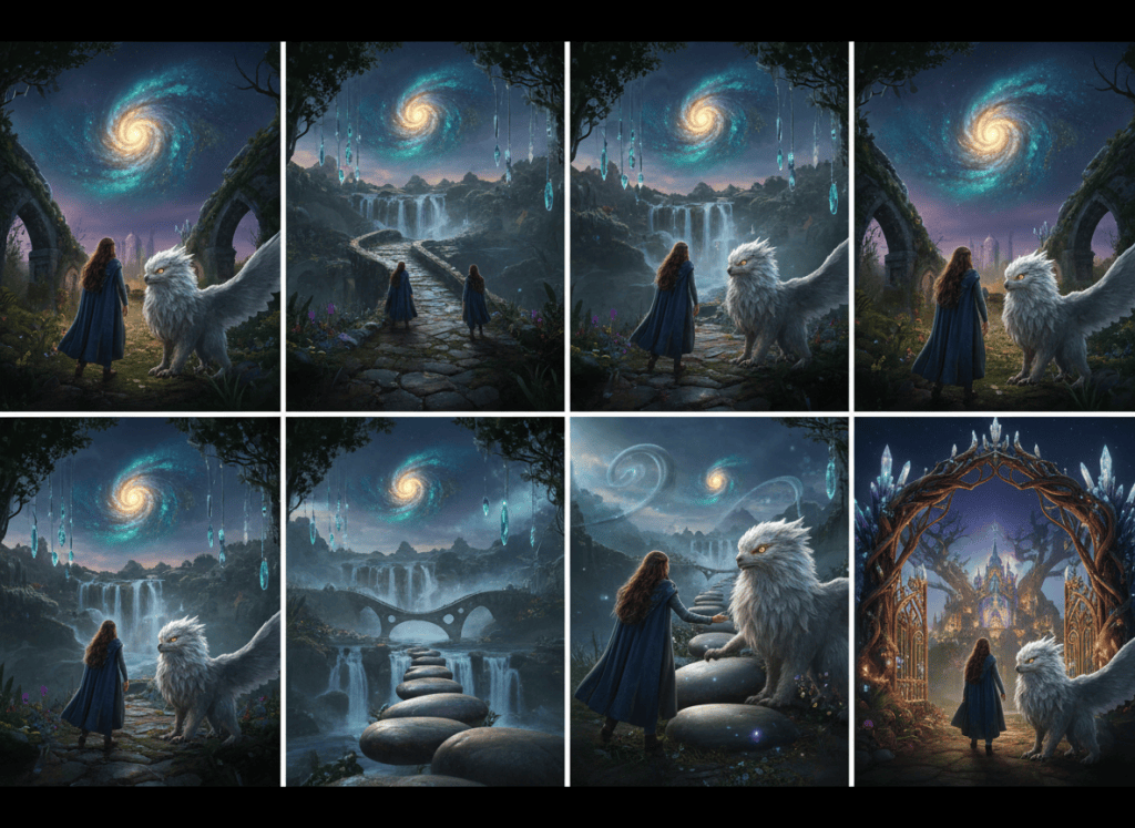 Four connected fantasy-adventure moments showing Lyra and her animal companion following a celestial sign toward an enchanted kingdom.