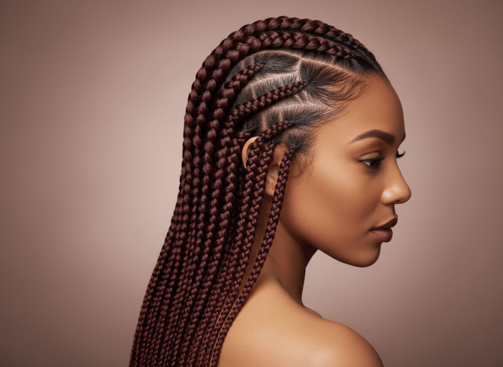 Adult woman with deep auburn textured hair styled in sleek feed-in braids.
