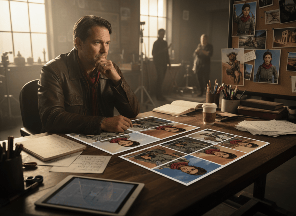 Filmmaker reviewing consistent character references across multiple scenes.