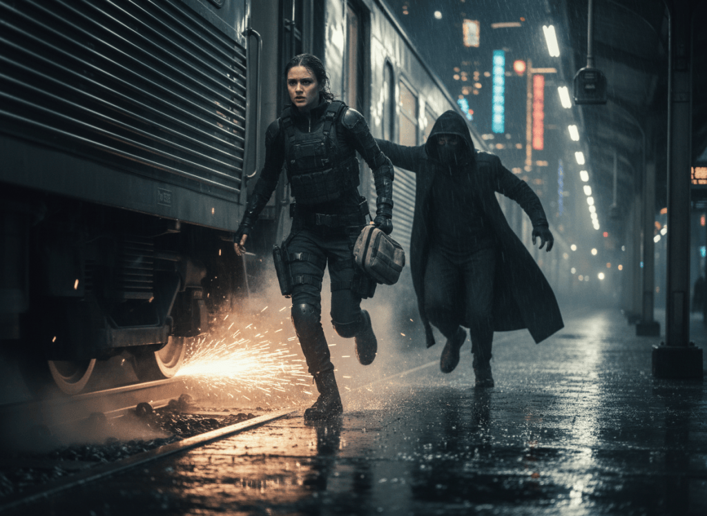 Action film scene at a wet train station with a woman running from a hooded pursuer.