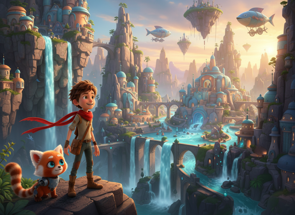 Bright 3D animated adventure scene with a young hero and robotic sidekick overlooking a fantasy city.