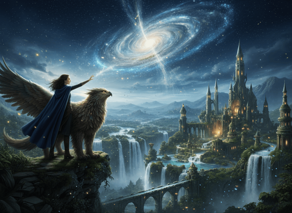 Fantasy adventure scene with a young heroine reaching toward celestial light above an enchanted kingdom.