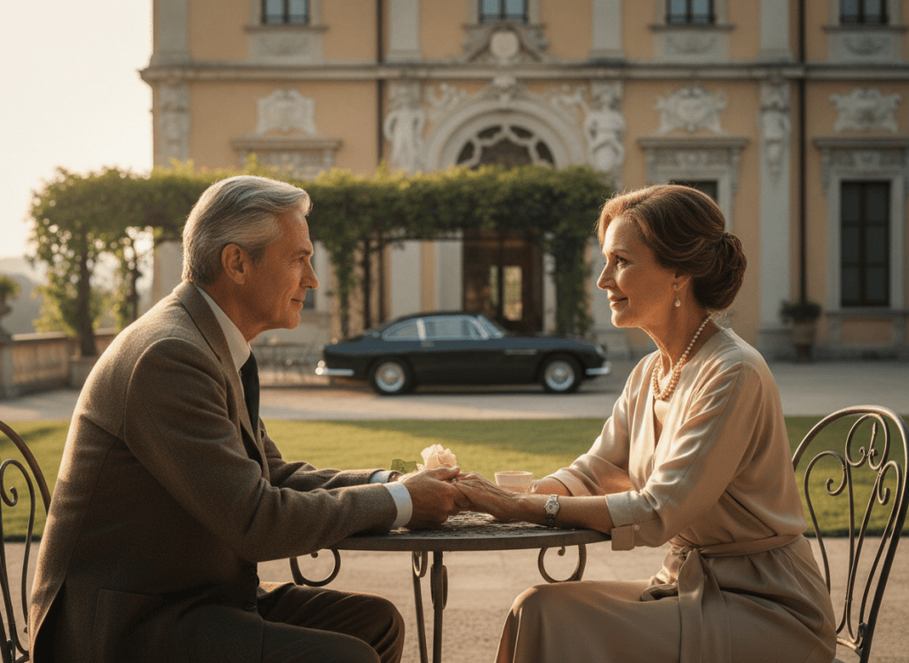Mature couple sharing a tender golden-hour café moment with subtle hints of hidden wealth in the background.