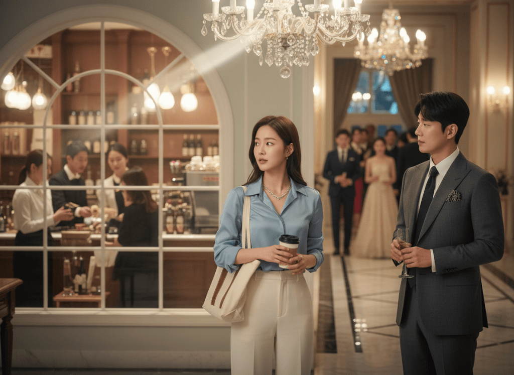 K-drama inspired hidden-identity scene with a young woman between an ordinary life and an elegant wealthy world beside a male lead.