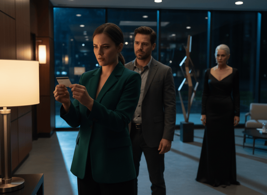 Cinematic mystery scene with a woman holding a keycard while two other characters watch in a modern interior.