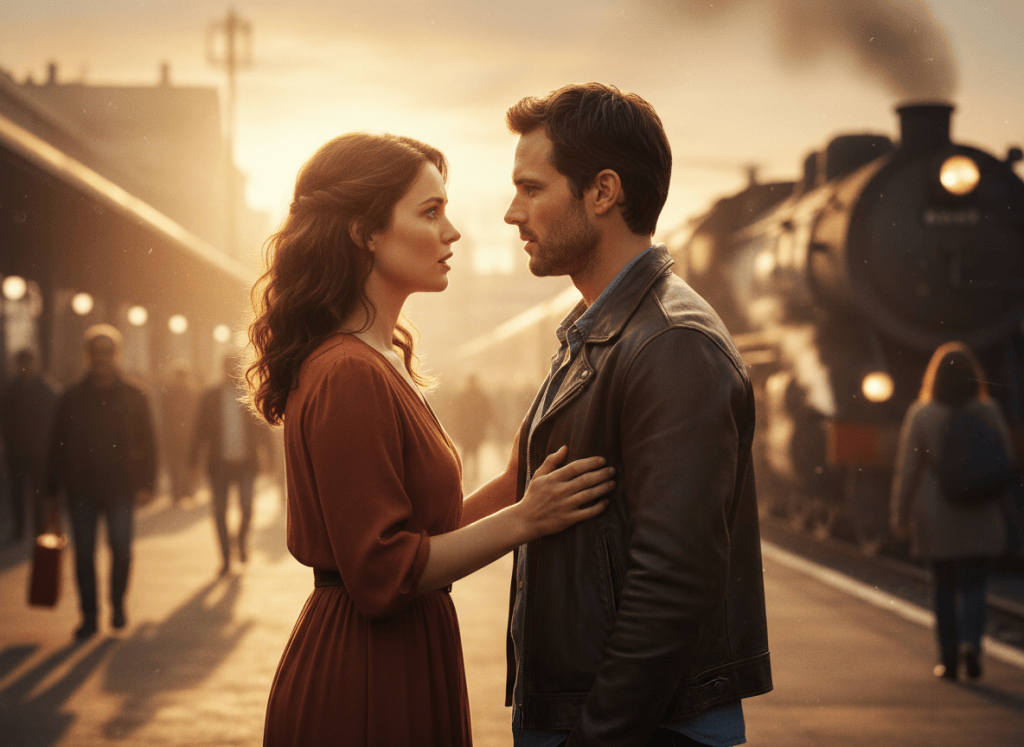 Romantic drama scene of two former lovers reuniting at a train station during golden hour.
