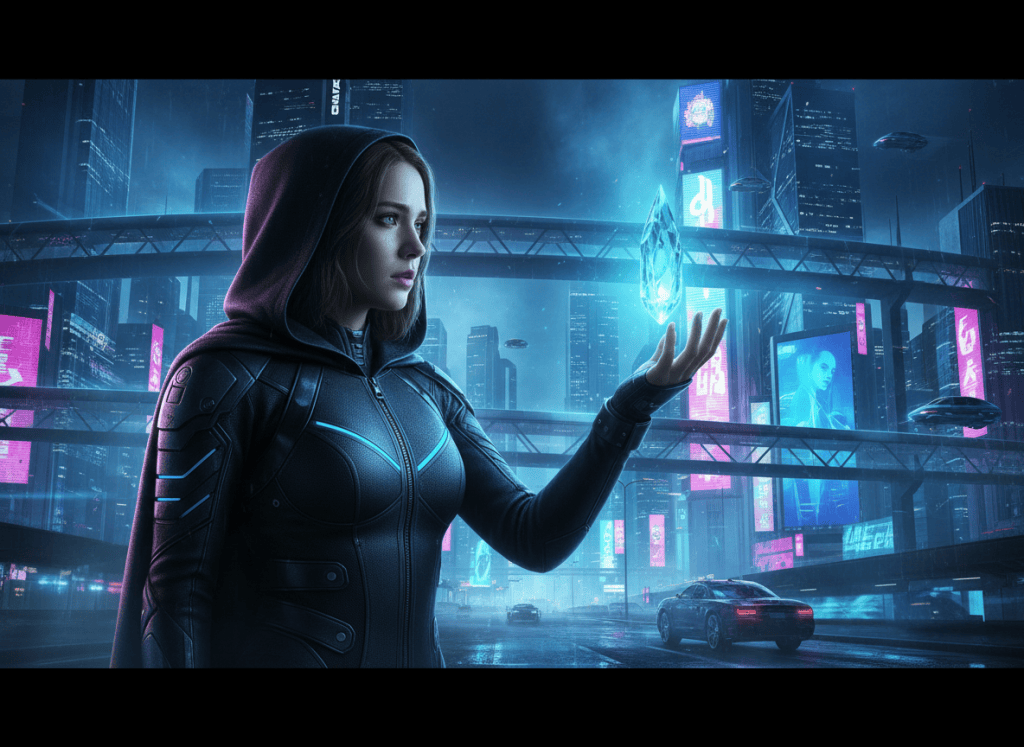Sci-fi scene with a woman holding a glowing memory shard above a neon futuristic city.