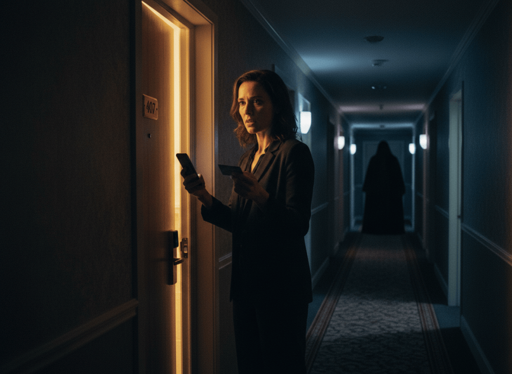 Suspenseful hotel corridor scene with a woman at Room 407 while a shadowy figure stands in the distance.