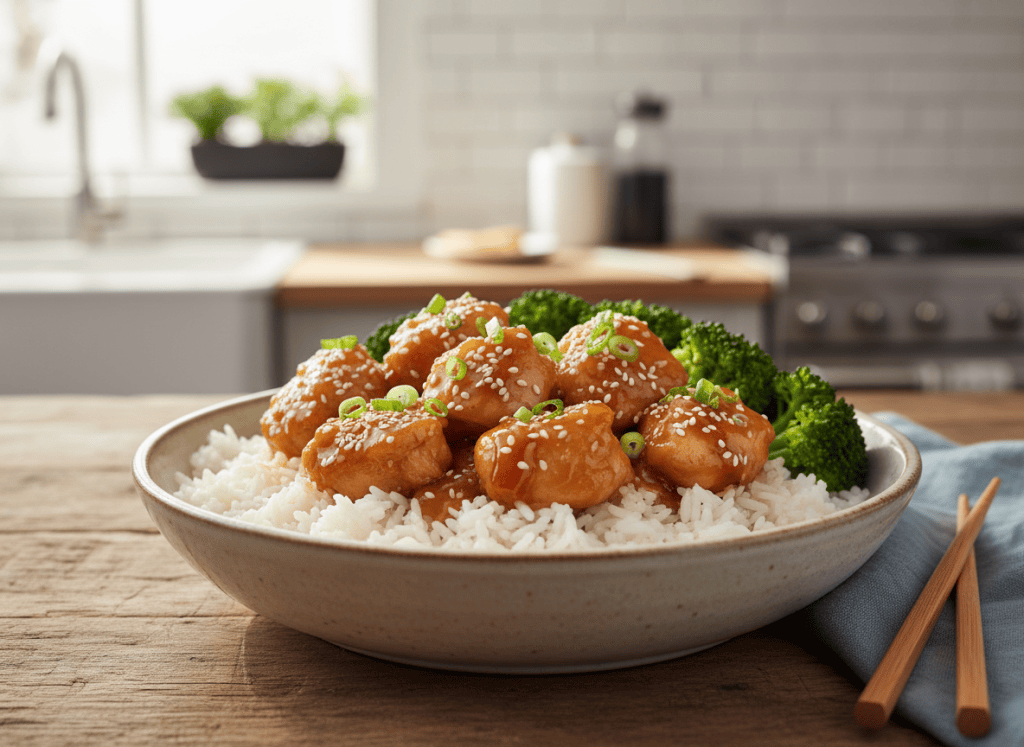 Finished honey garlic chicken bowl served over white rice with broccoli, green onions, and sesame seeds.