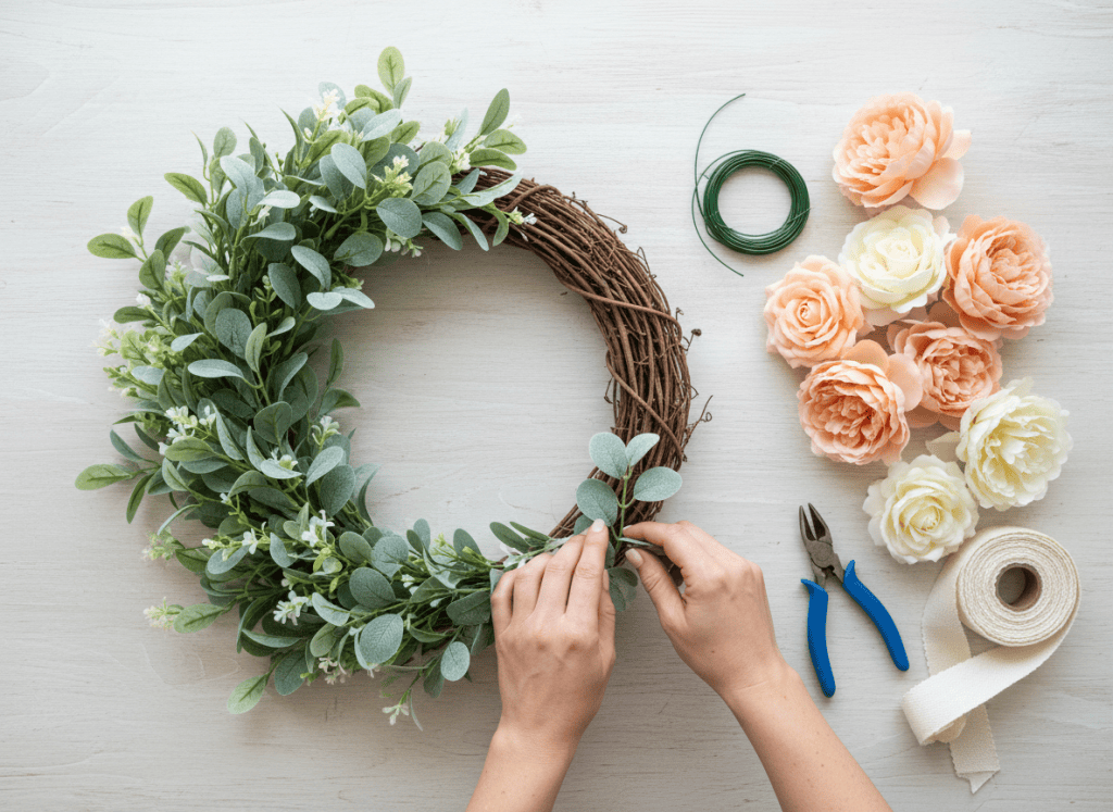 Hands arranging faux eucalyptus and greenery on one side of a grapevine wreath form.